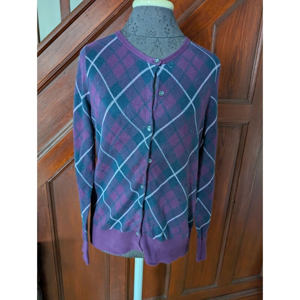 Lands End Womens Argyle Cardigan Sweater M 10-12 Purple & Navy 100% Supima Cotto
